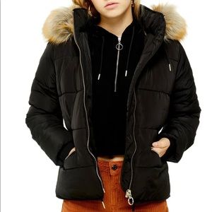 Topshop Faux Fur Hooded Puffer Jacket Size: 10